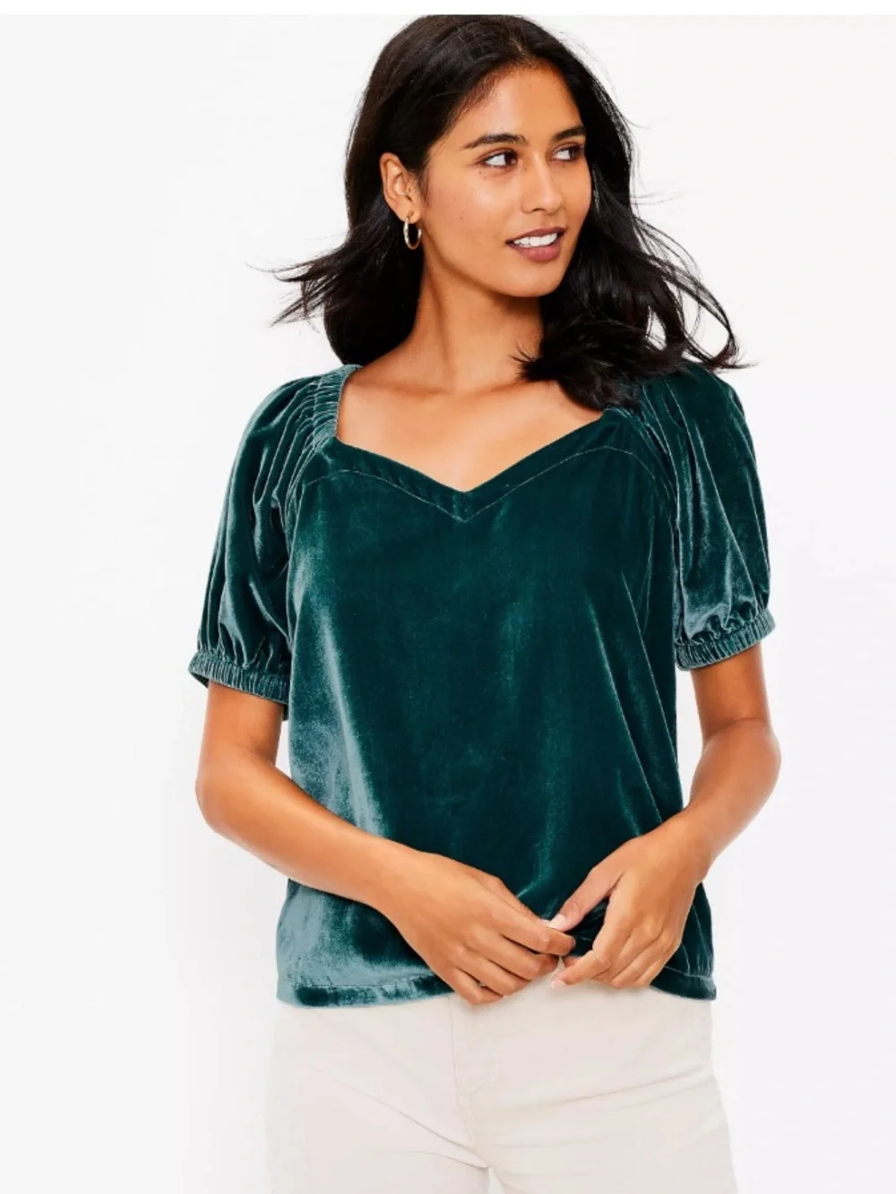 NWT Ann Taylor LOFT Velvet Puff Sleeve Sweetheart Pullover Blouse Emerald XS